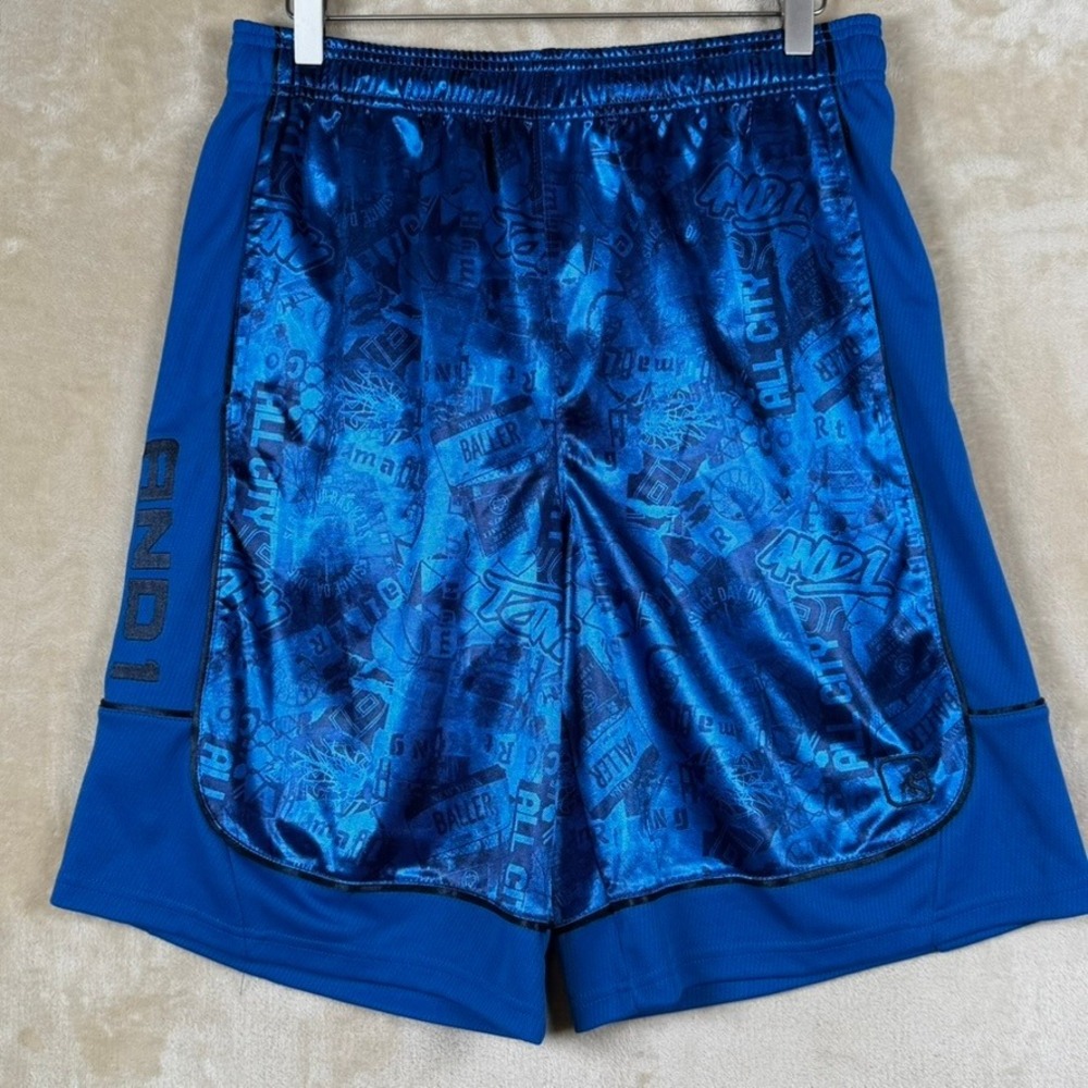 AND1 Mens M Blue All City Baller Graphic Basketball Shorts Y2K Shiny Streetwear